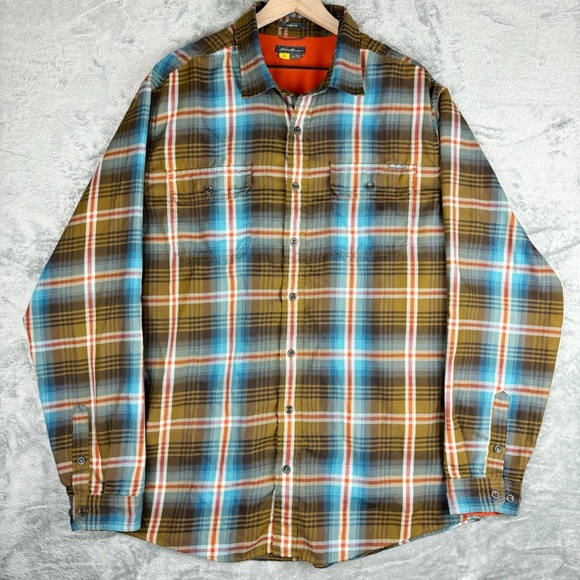 Eddie‎ Bauer Shirt Mens XL Tall Brown Teal Plaid First Ascent Button Up - Picture 1 of 15